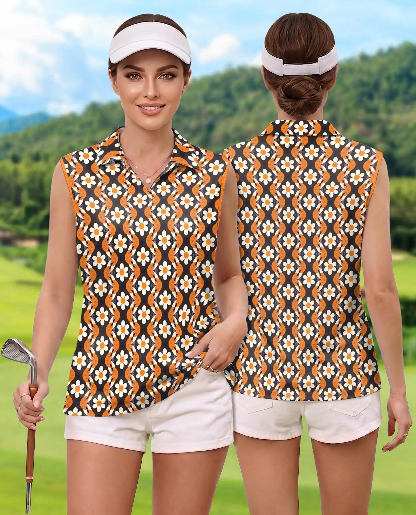 Orange Daisy Wave Pattern Sleeveless Polo Shirt for Women | Azhawaiian