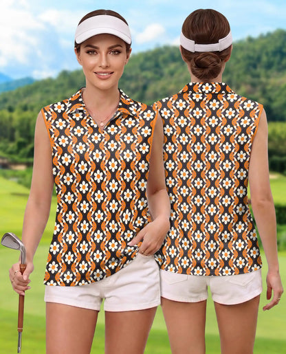 Orange Daisy Wave Pattern Sleeveless Polo Shirt for Women | Azhawaiian