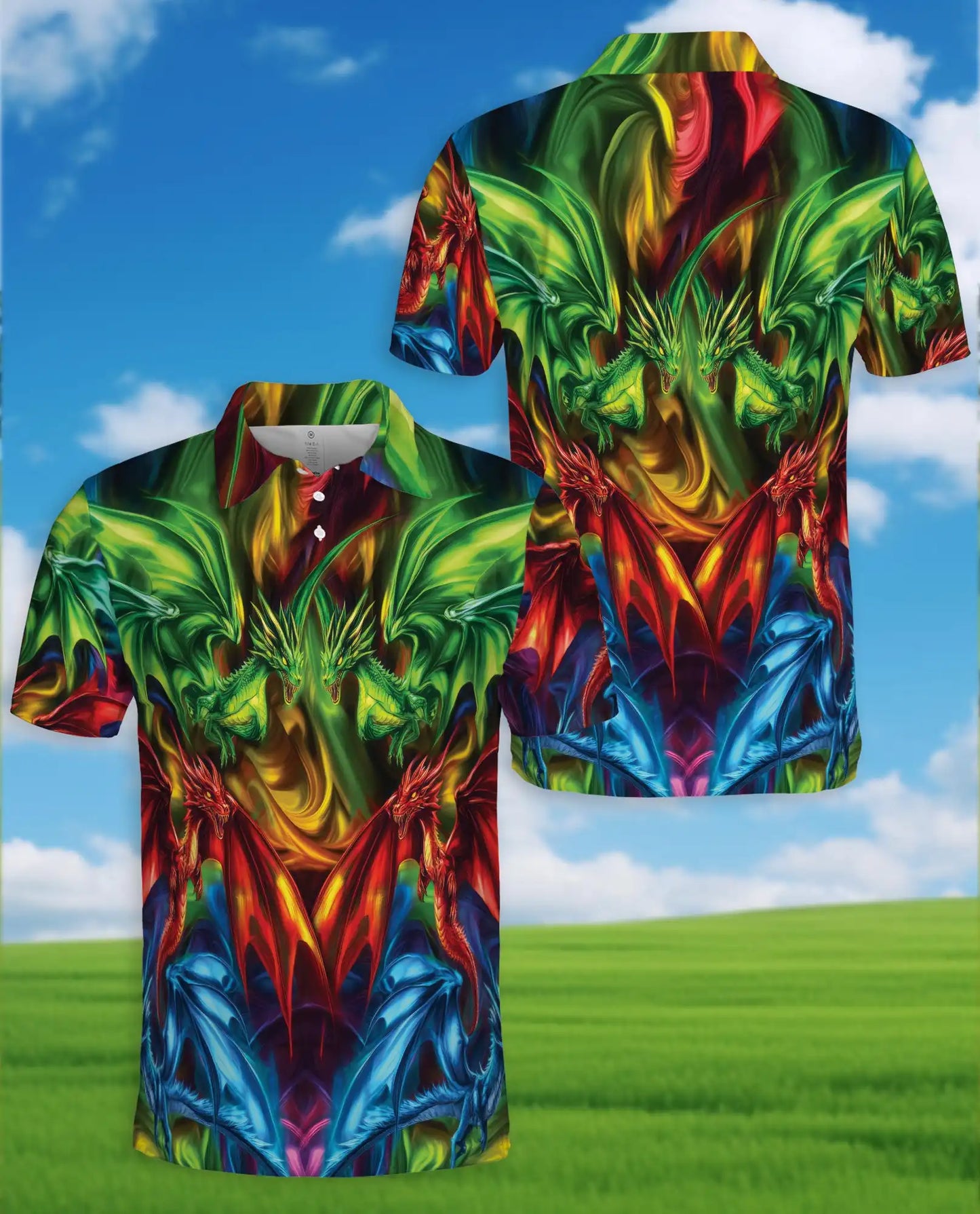 Colorful Fantasy Dragon Polo Shirt for Men - Fire Ice Mythical Dragon | Azhawaiian