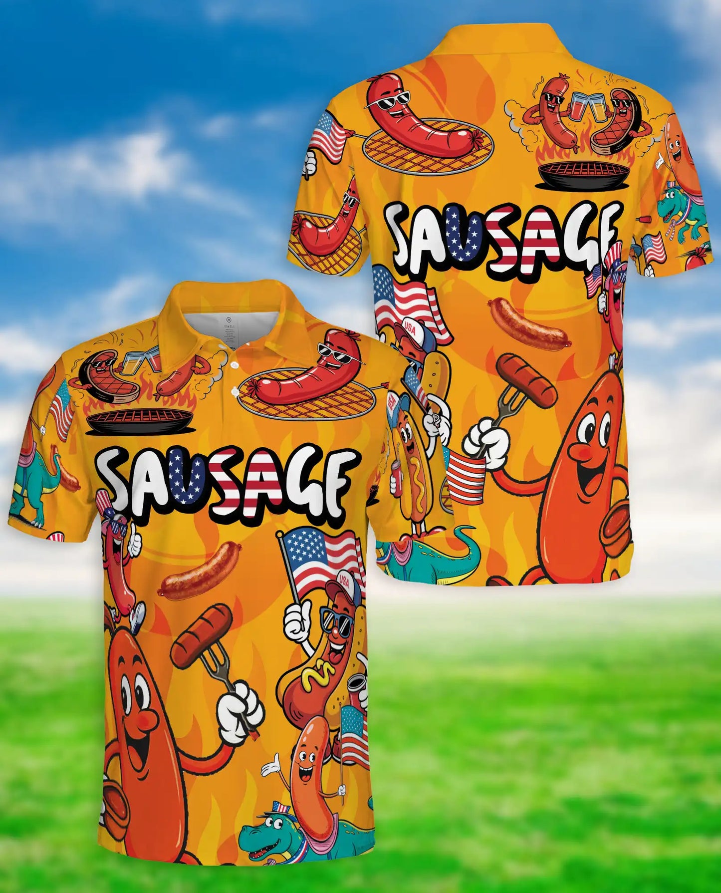 Funny Sausage Polo Shirt, Patriotic BBQ Cartoon Print | Azhawaiian