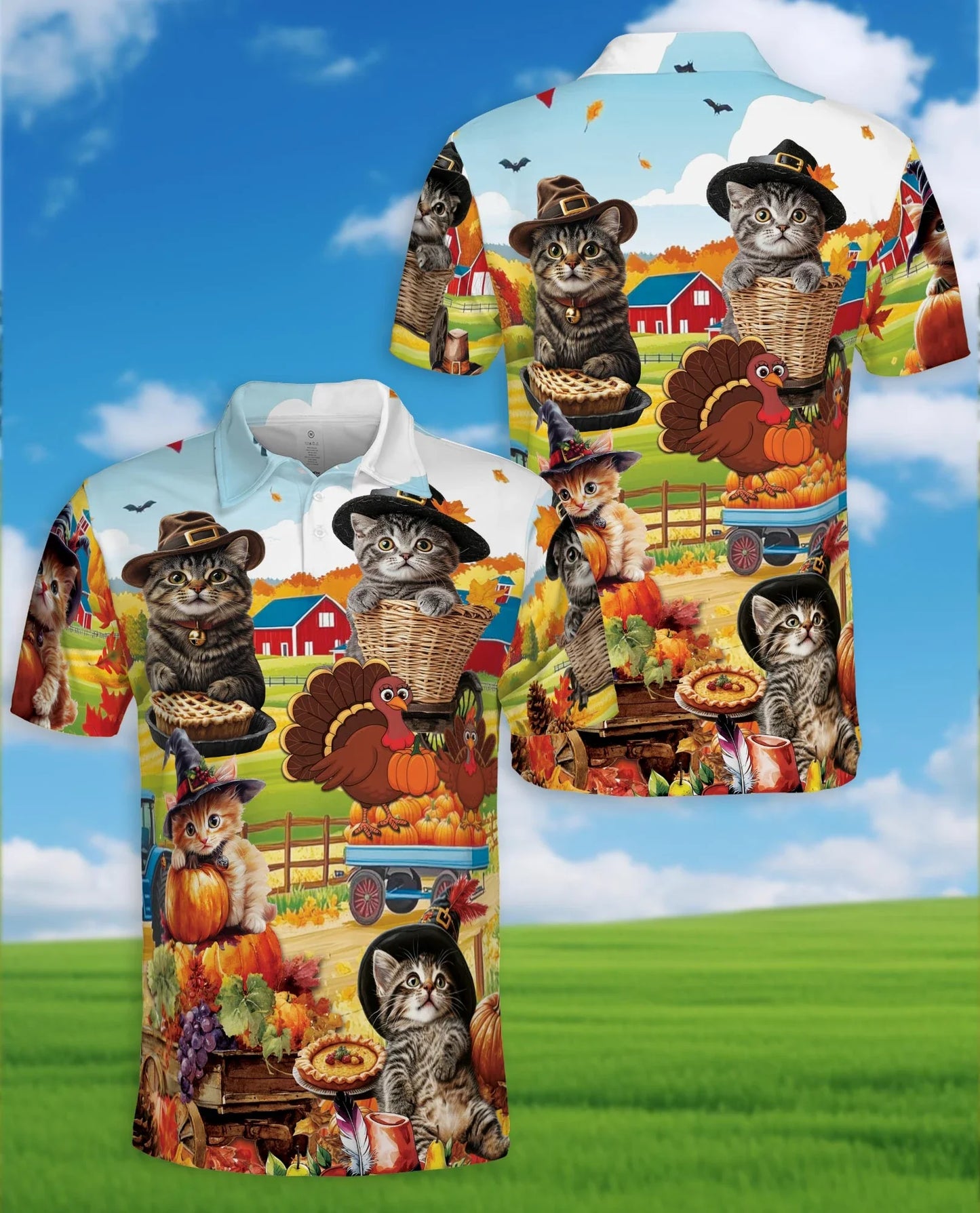 Thanksgiving Cat Polo Shirt for Men, Cute Fall Holiday Style | Azhawaiian