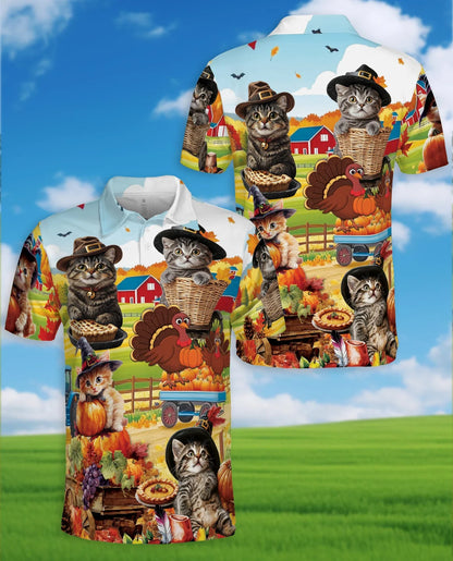 Thanksgiving Cat Polo Shirt for Men, Cute Fall Holiday Style | Azhawaiian