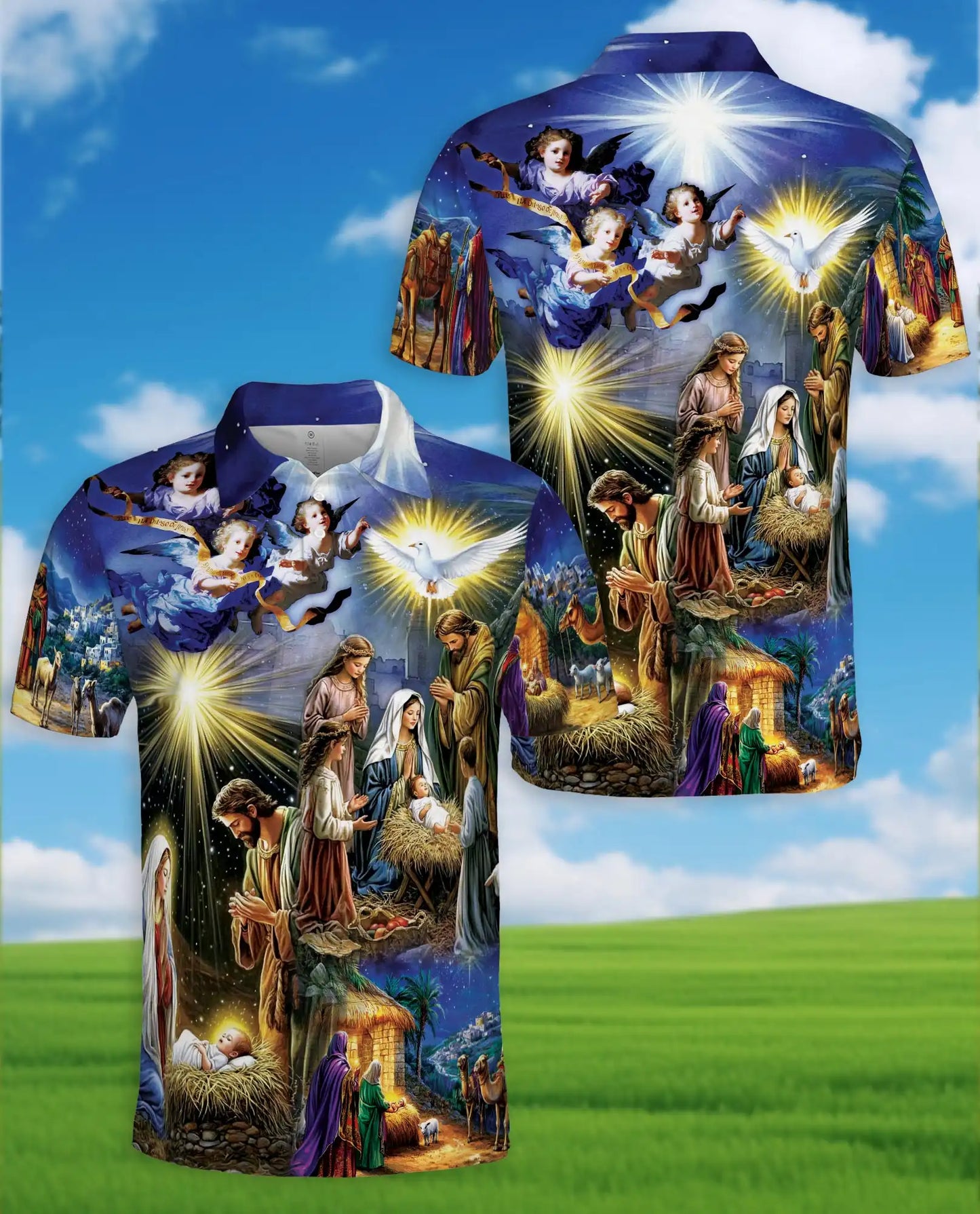 Nativity Christmas 3D Polo Shirt for Men, Religious Holiday Scene Style | Azhawaiian