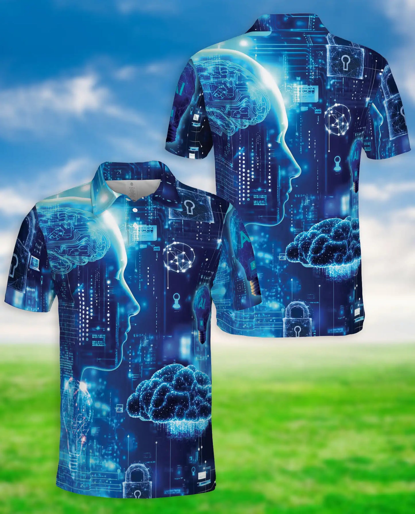 AI Technology Polo Shirt, Futuristic Digital Print | Azhawaiian