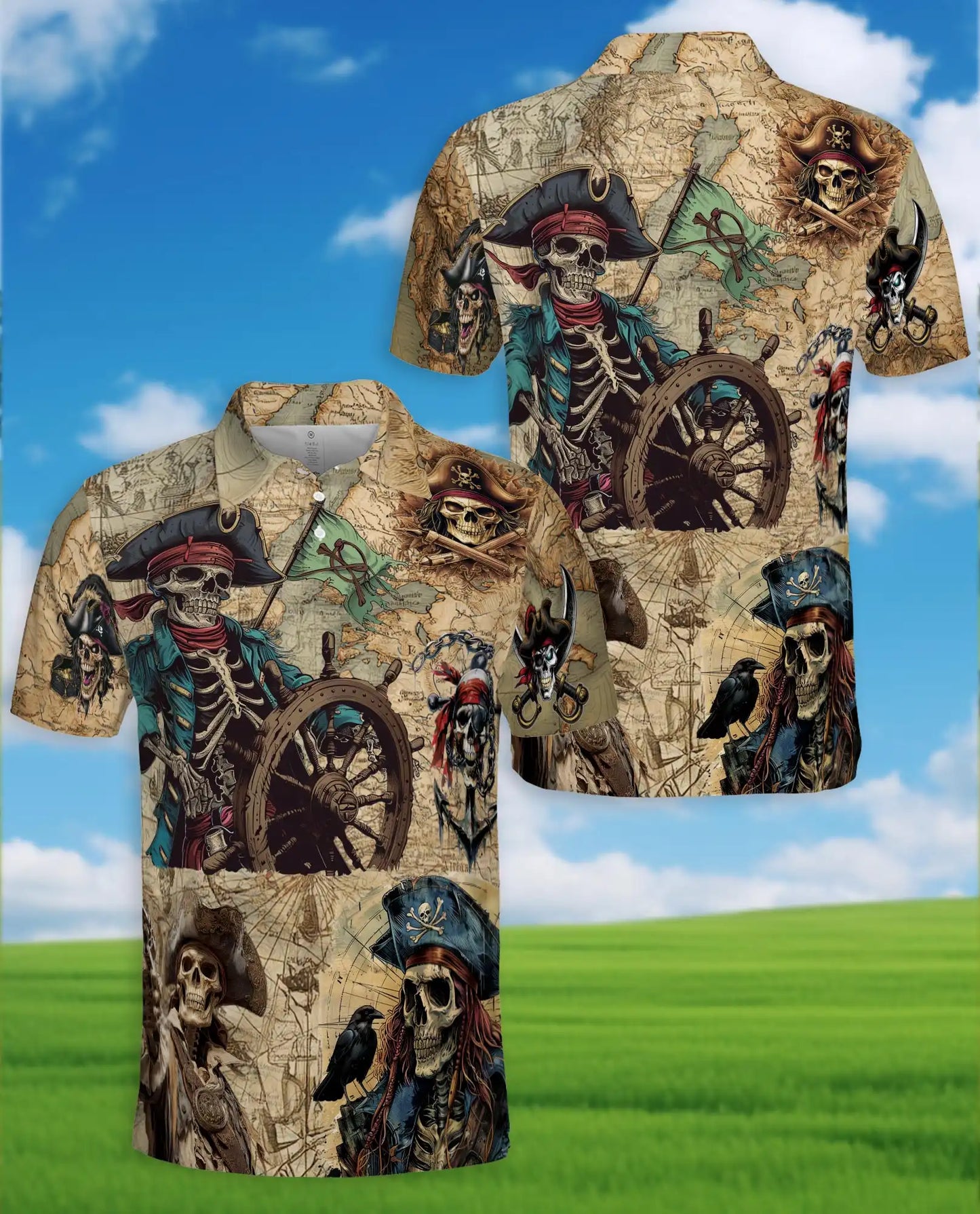 Pirate Skeleton Adventure Polo Shirt for Men, Skull Pirate Design | Azhawaiian