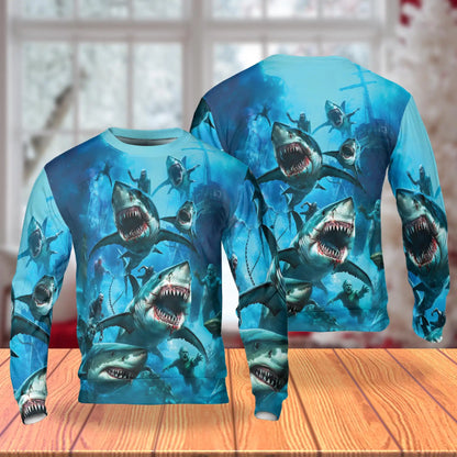 Sharks and Zombies War Sweatshirt – Colorful Graphic 3D All Over Print Design