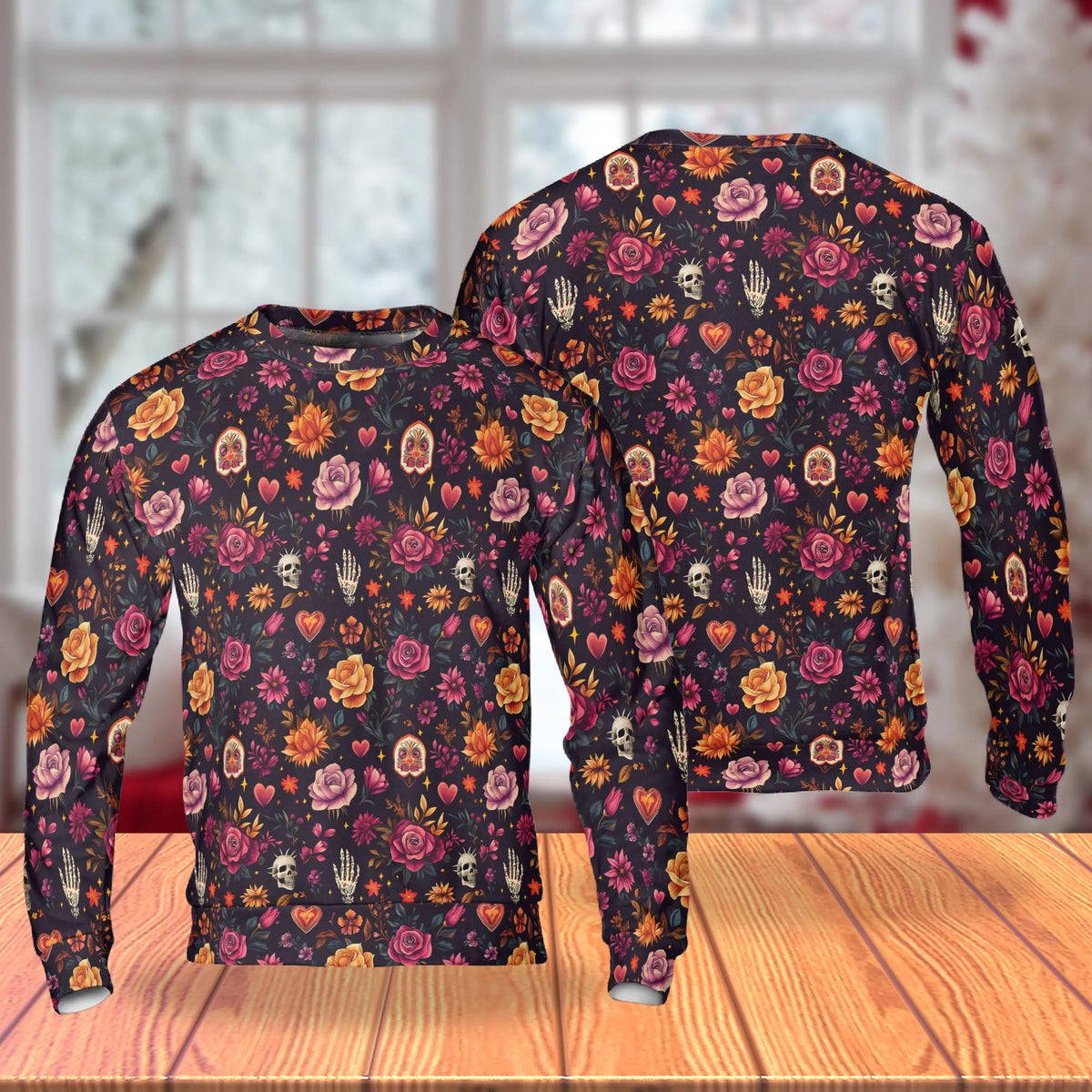 Skull and Hand Bones Floral Pattern Sweatshirt – Colorful Graphic 3D All Over Print Design