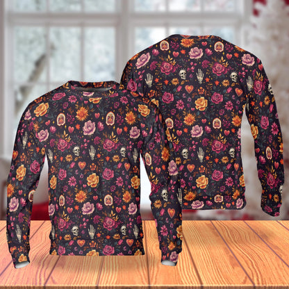 Skull and Hand Bones Floral Pattern Sweatshirt – Colorful Graphic 3D All Over Print Design