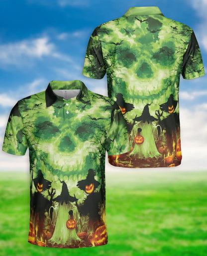 Halloween Skull Glow Polo Shirt, Spooky Pumpkin Night | Azhawaiian