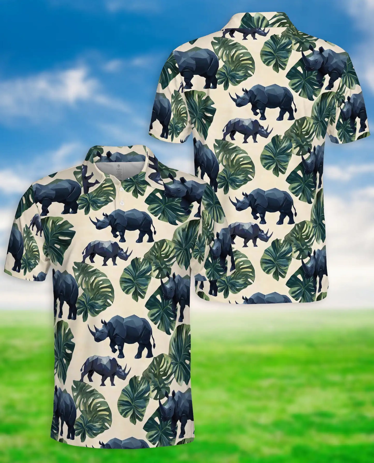 Geometric Rhino Tropical Polo Shirt-Safari Wildlife Jungle Pattern | Azhawaiian