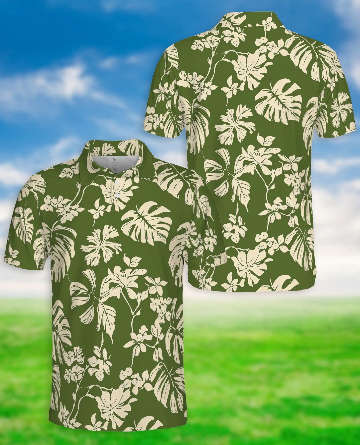 Tropical Floral Polo Shirt, Olive Monstera Print | Azhawaiian