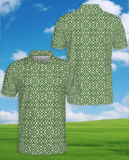 Green Geometric 3D Polo Shirt for Men, Summer Casual | Azhawaiian