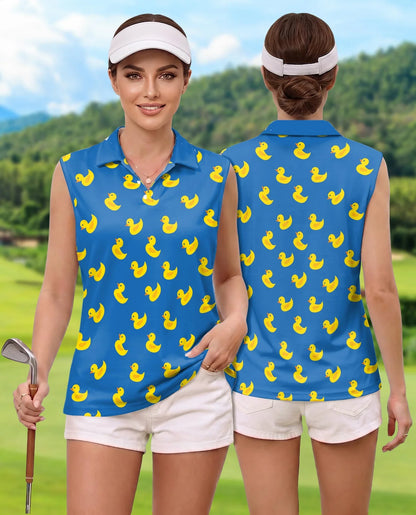 Yellow Rubber Duck Sleeveless Polo Shirt for Women | Azhawaiian