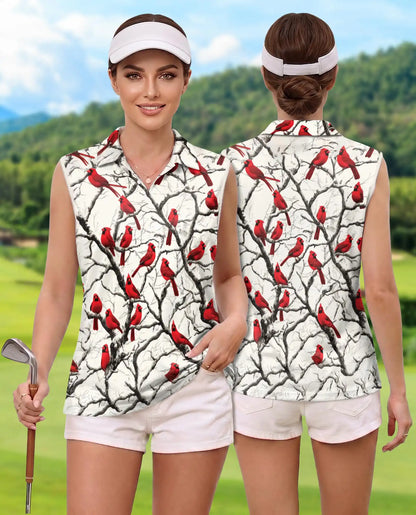 Red Cardinals Sleeveless Polo Shirt for Women, Elegant Bird Nature Style | Azhawaiian