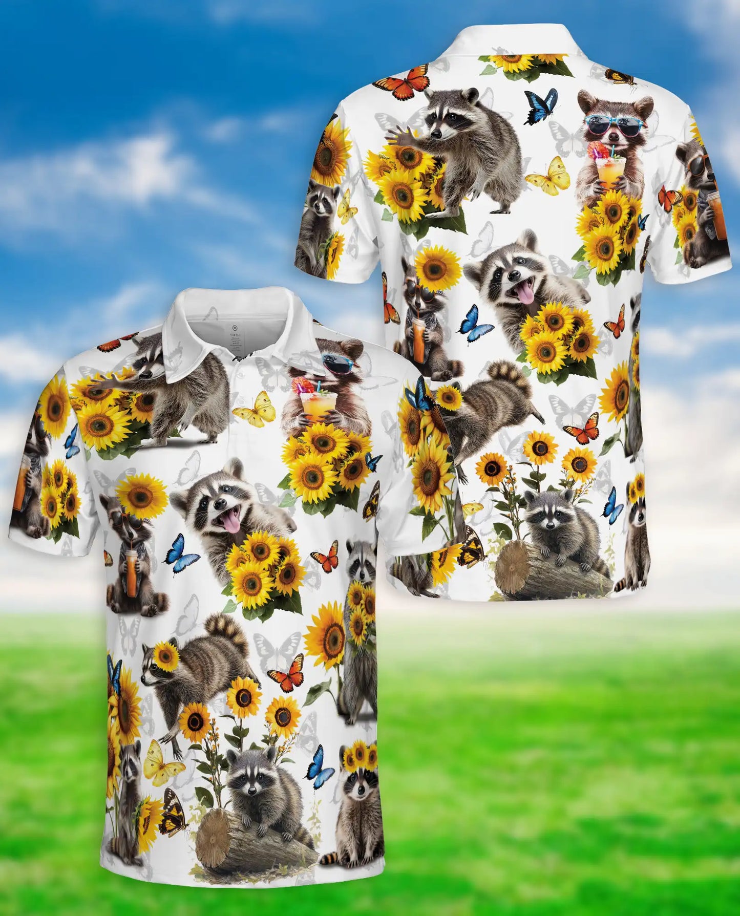 Raccoon Sunflower 3D Polo Shirt for Men, Cute Animal Nature Style | Azhawaiian