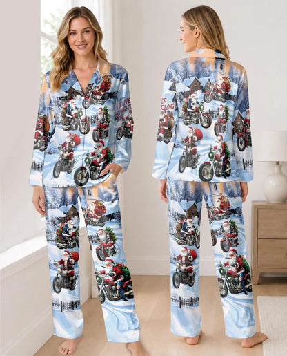 Santa Motorcycle Christmas Pajama Set for Women, Funny Holiday Winter Sleepwear