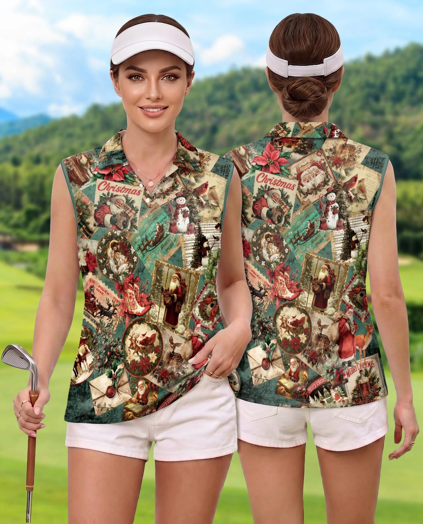 Vintage Christmas Collage Sleeveless Polo Shirt for Women | Azhawaiian