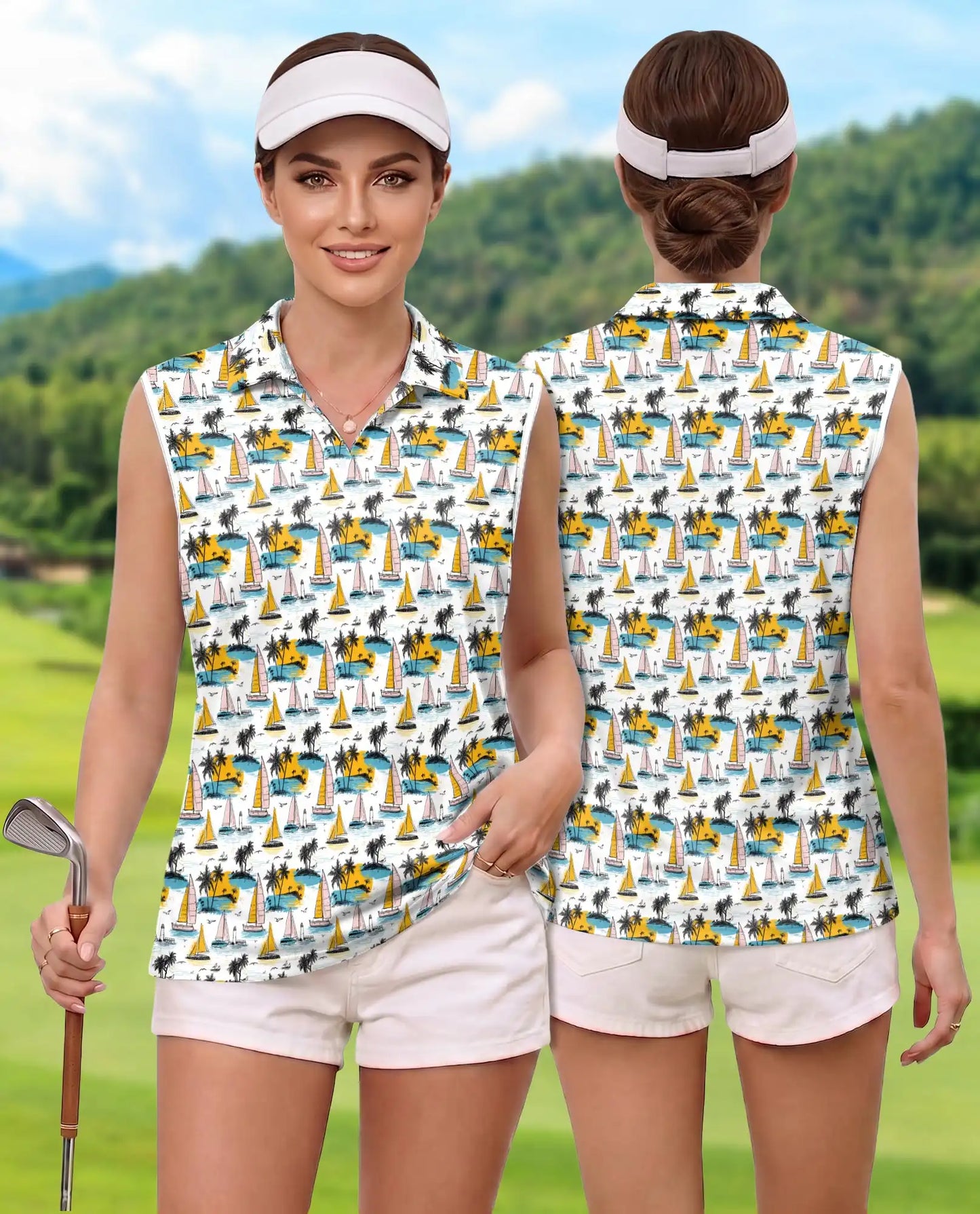 Tropical Sailboat And Palm Tree Pattern Sleeveless Polo Shirt for Women | Azhawaiian