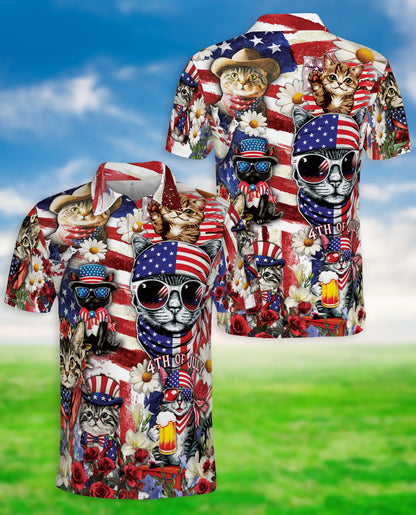 Patriotic Cat 3D Polo Shirt for Men, 4th of July USA Flag Style | Azhawaiian