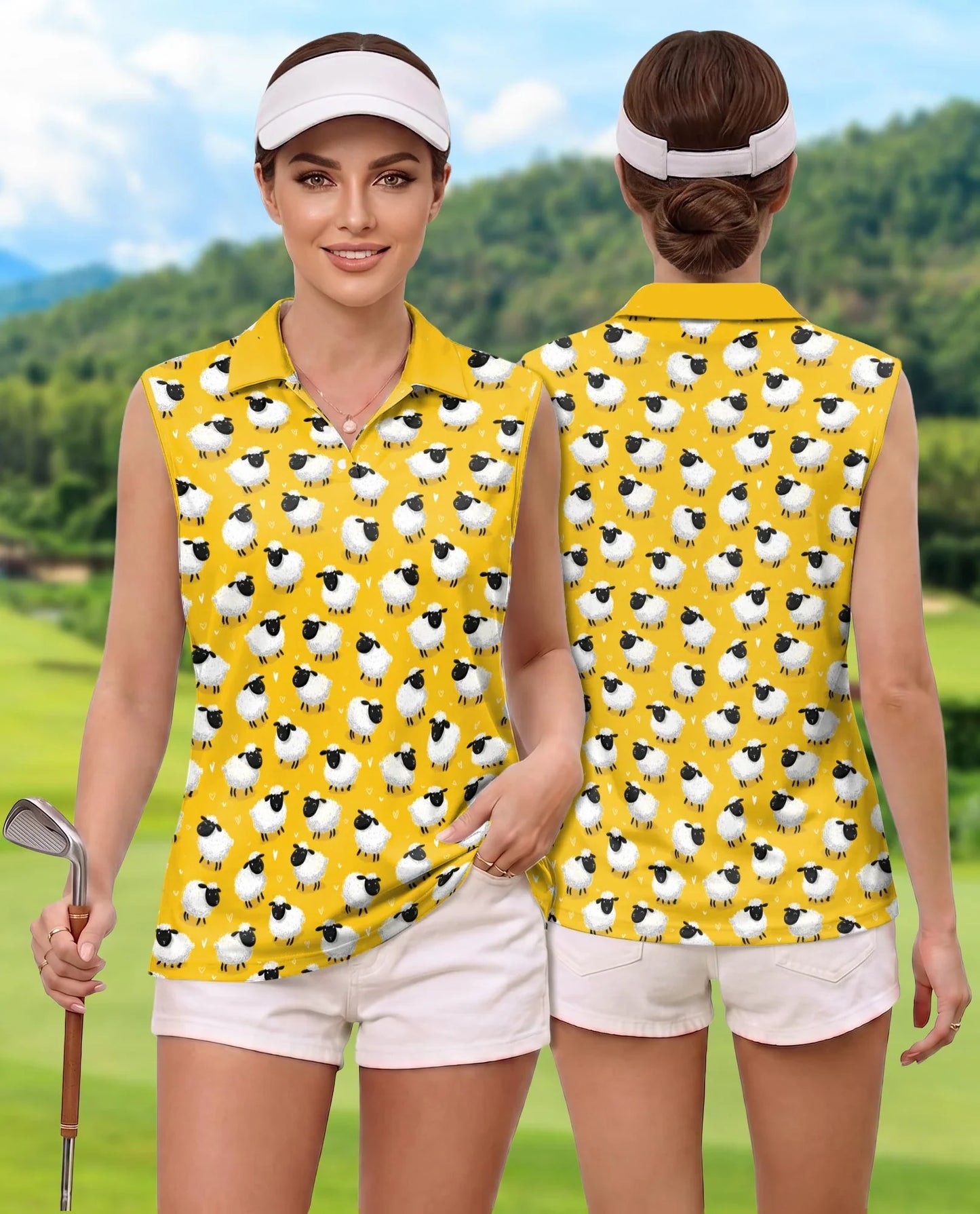 Cute Sheep Sleeveless Polo Shirt for Women, Adorable Farm Animal Style | Azhawaiian