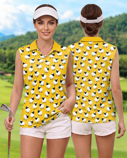 Cute Sheep Sleeveless Polo Shirt for Women, Adorable Farm Animal Style | Azhawaiian
