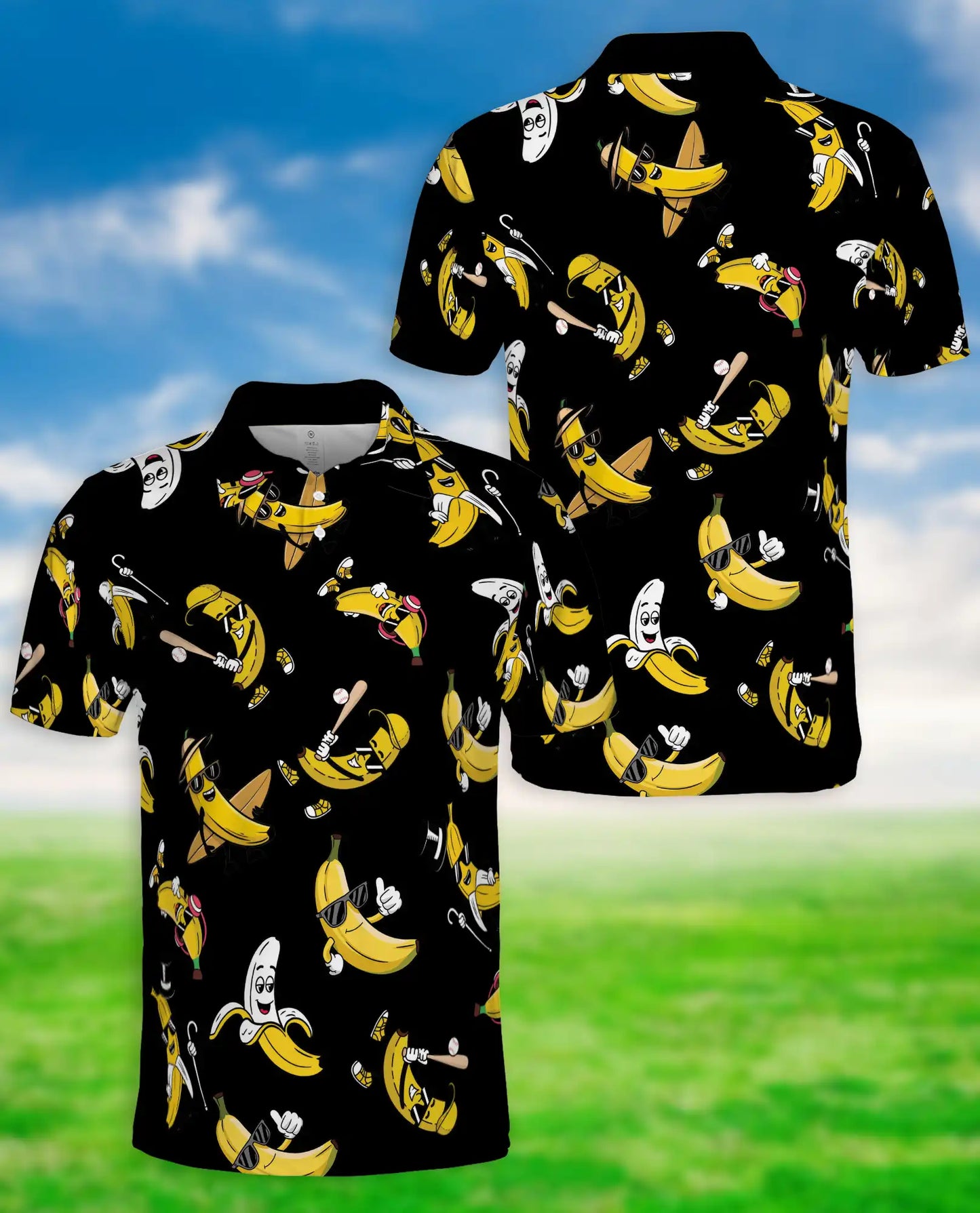 Funny Banana Cartoon 3D Polo Shirt for Men, Cool Fruit Humor Style | Azhawaiian