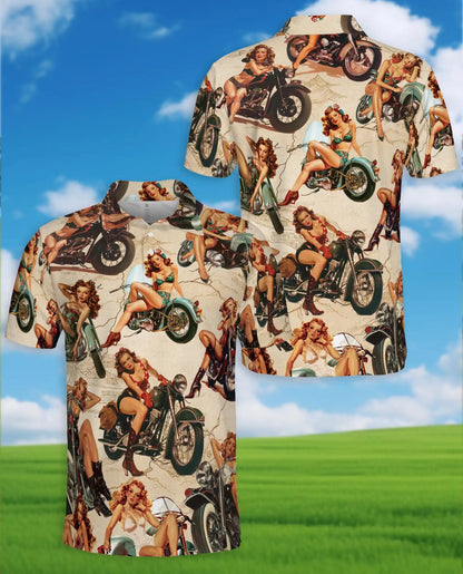 Vintage Pin Up Motorcycle Polo Shirt - Retro Biker Style | Azhawaiian