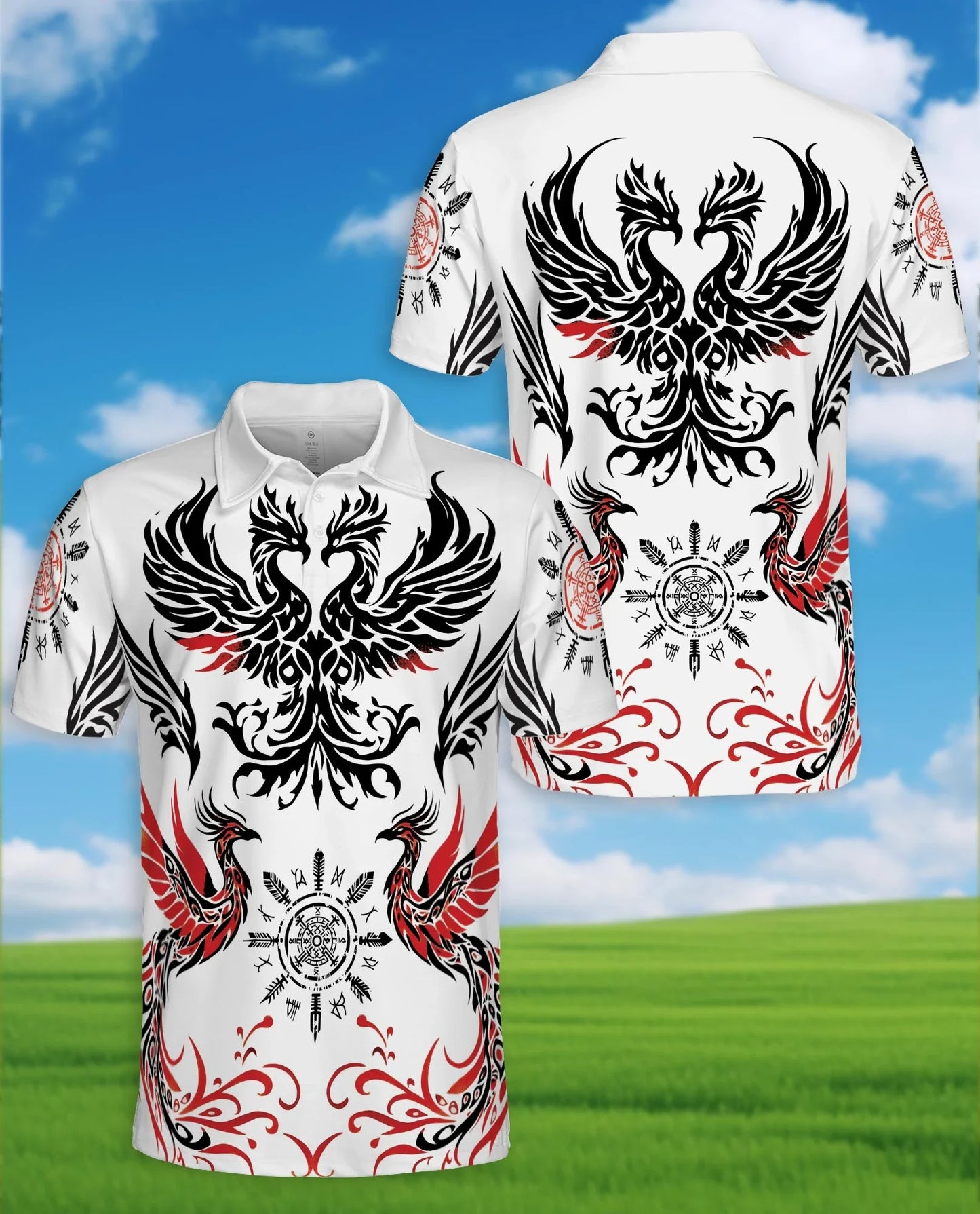 Symmetrical Phoenix Polo Shirt for Men, Mythical Fire Bird Style | Azhawaiian