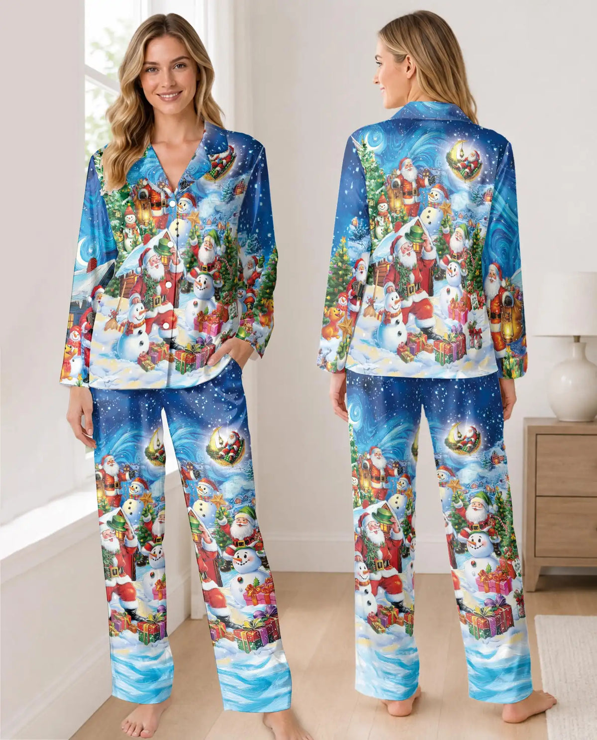 Winter Wonderland Christmas Pajama Set for Women, Santa Snowman Holiday Sleepwear