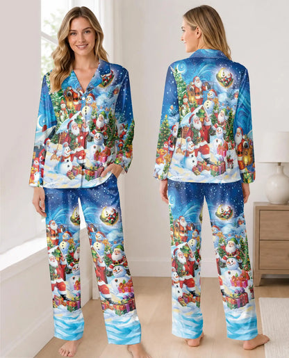 Winter Wonderland Christmas Pajama Set for Women, Santa Snowman Holiday Sleepwear