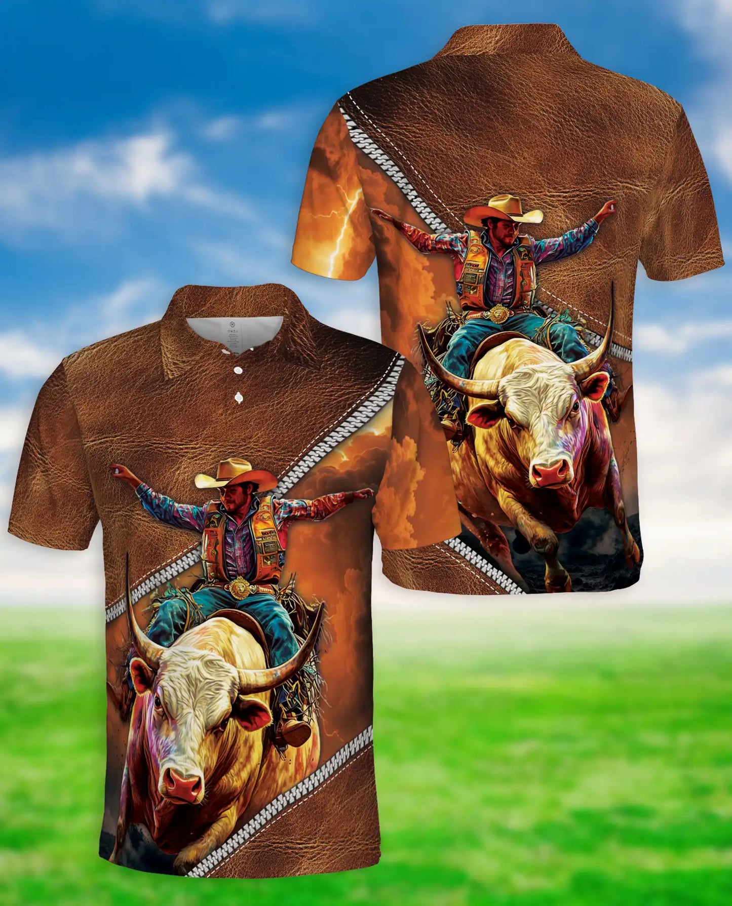 Cowboy Bull Riding 3D Polo Shirt for Men, Western Rodeo Ranch Style | Azhawaiian