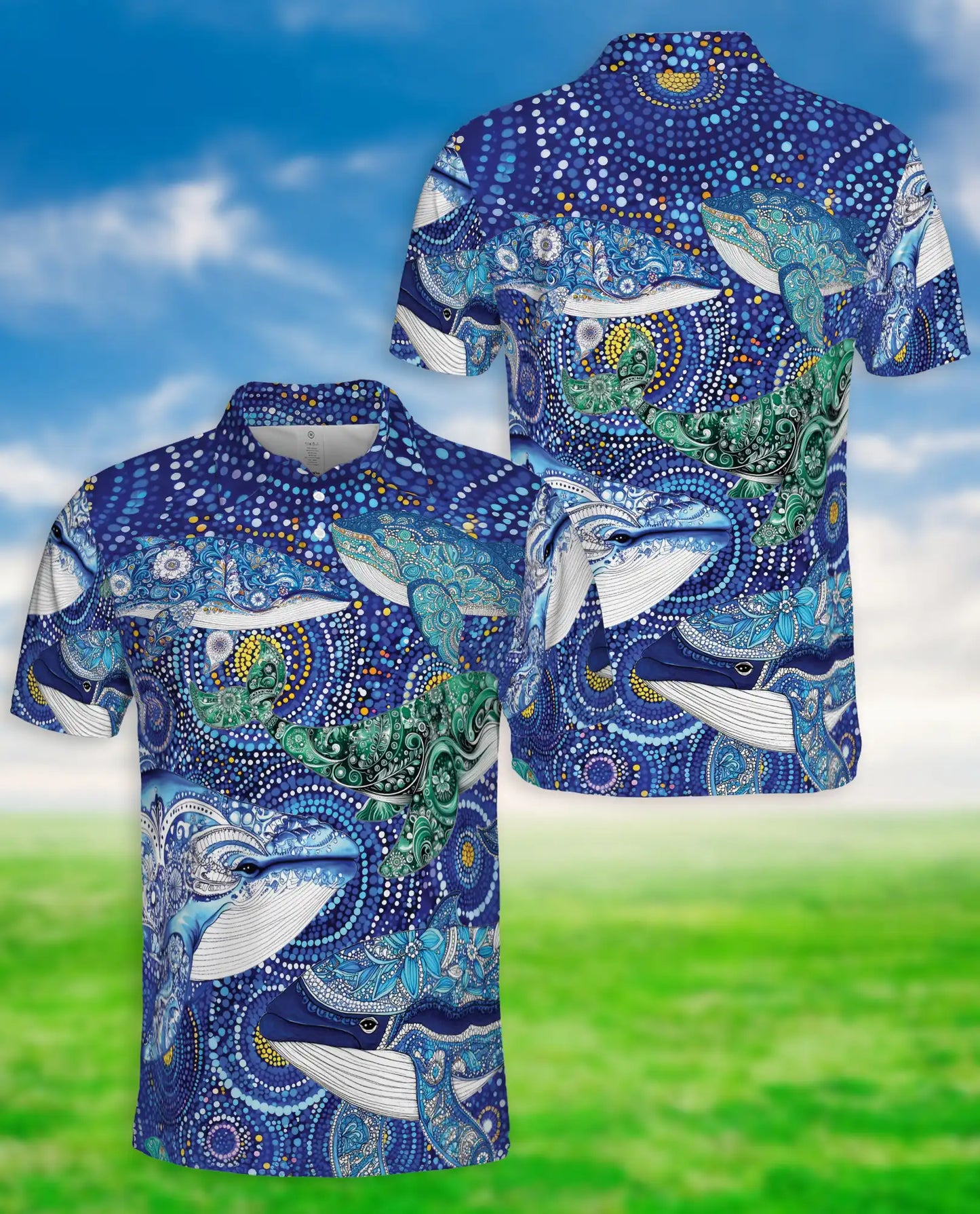 Ocean Whale Art Polo Shirt Coastal Marine Wildlife Print | Azhawaiian
