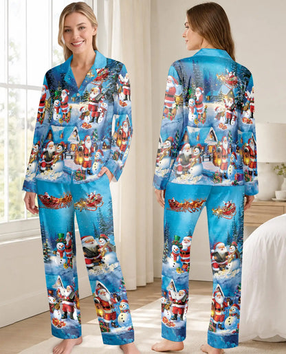 Santa & Snowman Christmas Pajama Set for Women – Snowy Village Music Print