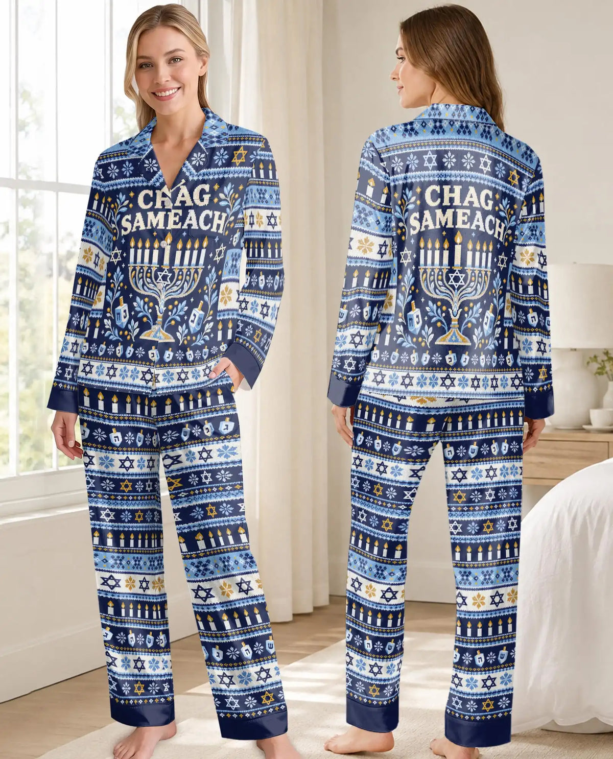 Chag Sameach Hanukkah Pajama Set for Women – Blue Menorah Fair Isle Print