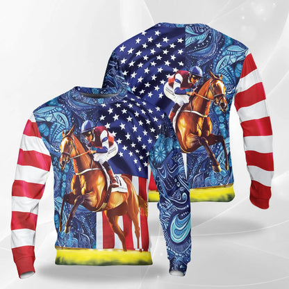 USA Flag Horse Racing Sweatshirt – Colorful Graphic 3D All Over Print Design