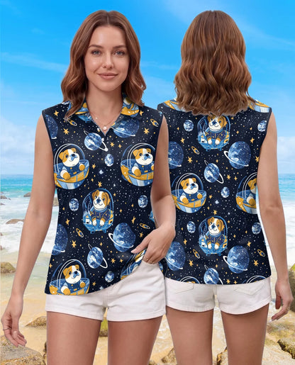 Space English Bulldog Astronaut Sleeveless Polo Shirt for Women | Azhawaiian