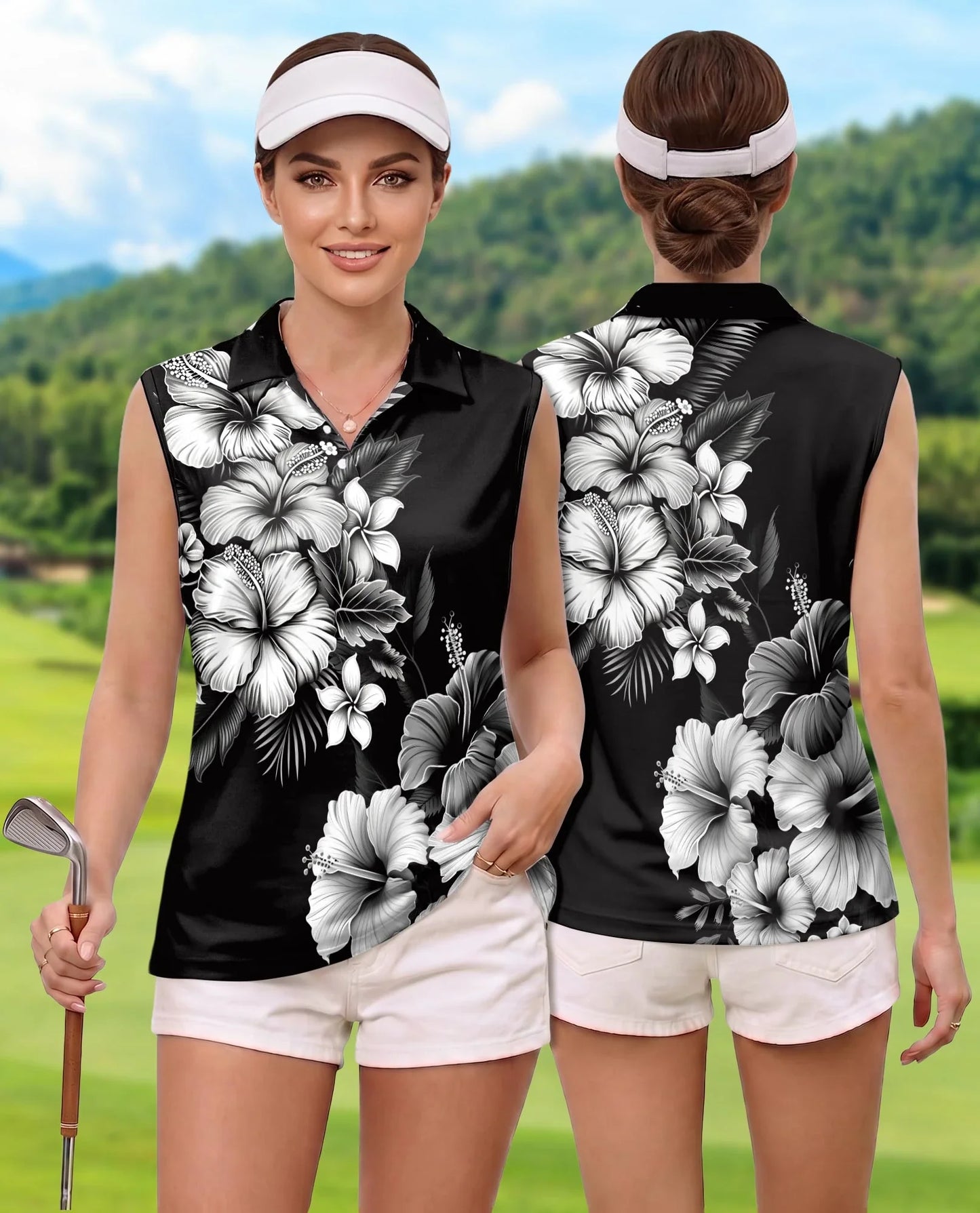 Black And White Hibiscus Sleeveless Polo Shirt for Women, Tropical Floral Style | Azhawaiian