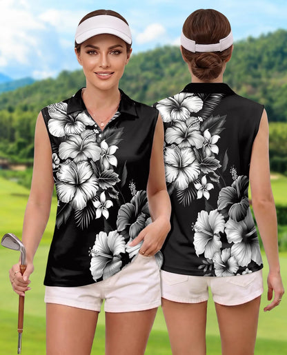 Black And White Hibiscus Sleeveless Polo Shirt for Women, Tropical Floral Style | Azhawaiian