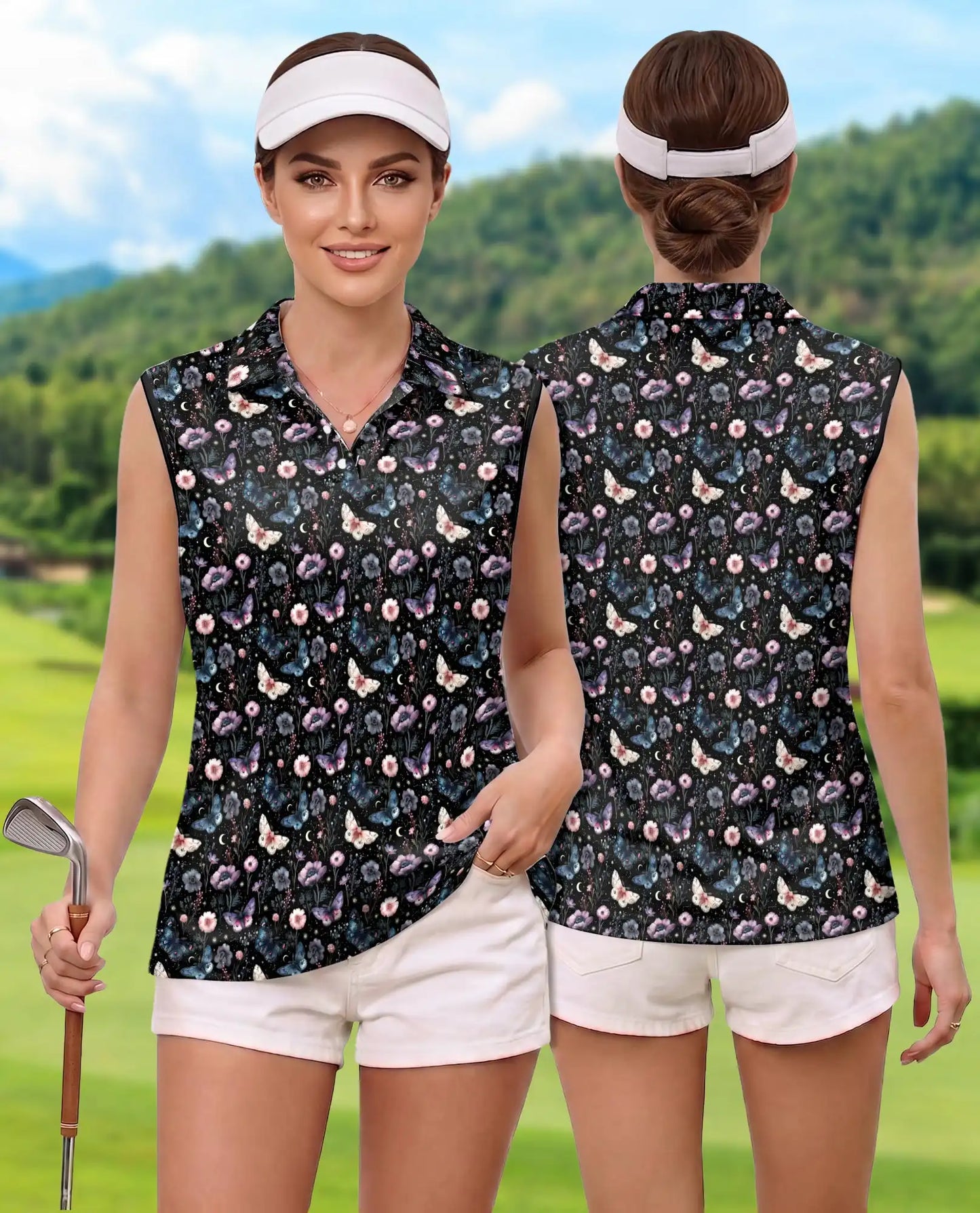 Dark Butterfly Floral Sleeveless Polo Shirt for Women, Elegant Nature Style | Azhawaiian