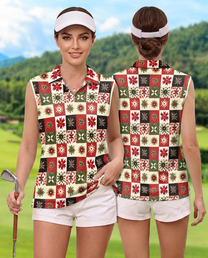 Christmas Quilt Pattern Sleeveless Polo Shirt for Women | Azhawaiian