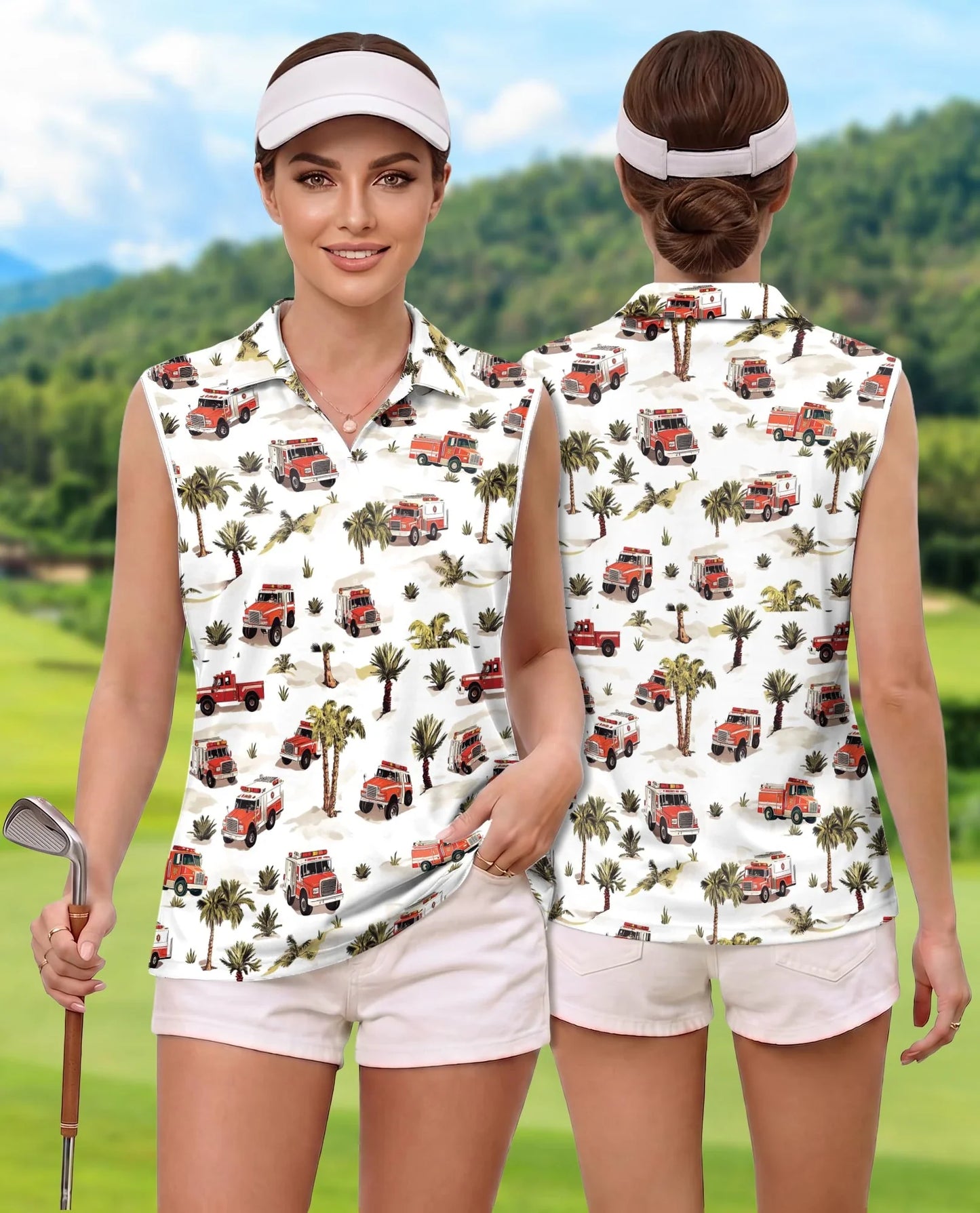Fire Truck Firefighter Sleeveless Polo Shirt for Women | Azhawaiian