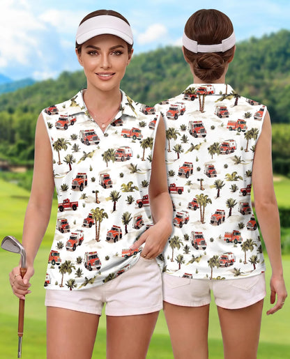 Fire Truck Firefighter Sleeveless Polo Shirt for Women | Azhawaiian