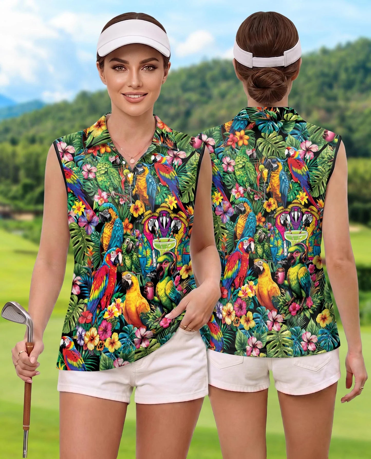 Funny Parrot Tropical Sleeveless Polo Shirt for Women | Azhawaiian