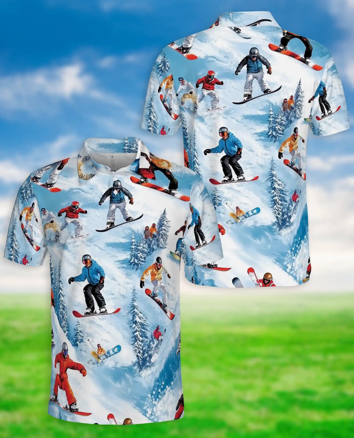 Snowboard Winter Sports 3D Polo Shirt for Men, Extreme Mountain Style | Azhawaiian