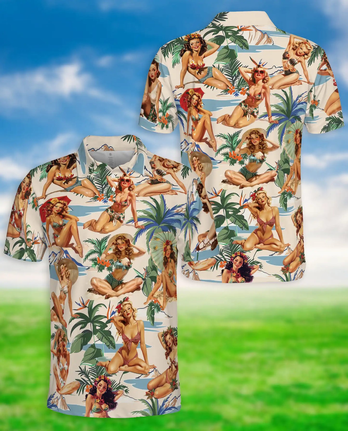 Tropical Pin Up Polo Shirt - Vintage Beach Babe Style | Azhawaiian