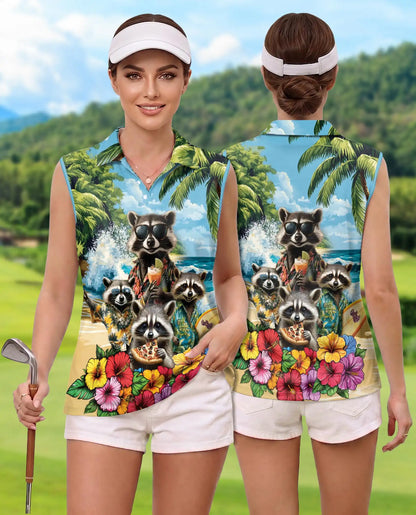 Funny Raccoon Sleeveless Polo Shirt for Women, Cute Wildlife Animal Style | Azhawaiian