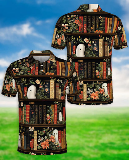 Ghost Library 3D Polo Shirt for Men, Vintage Floral Bookcase Style | Azhawaiian