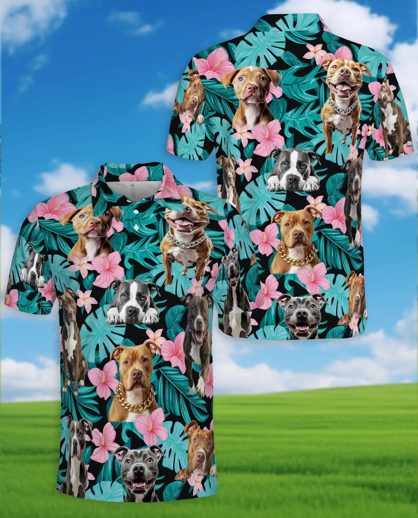 Pitbull Hibiscus Tropical Polo Shirt for Men, Dog Island Style | Azhawaiian