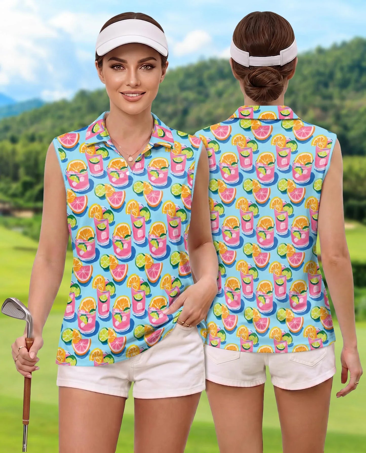 Cocktails Gouache Painting Sleeveless Polo Shirt for Women, Artistic Summer Style | Azhawaiian