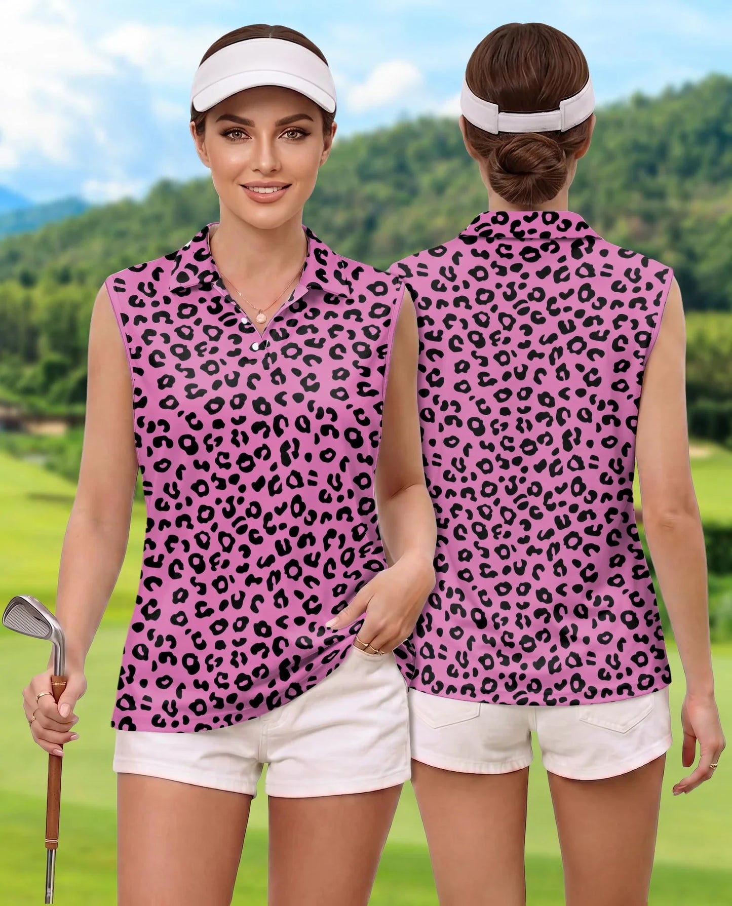 Pink Leopard Print Sleeveless Polo Shirt for Women, Wild Fashion Style | Azhawaiian